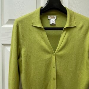 Vintage Talbots Women's Medium Celery Collared Sweater Cardigan Cotton Blend